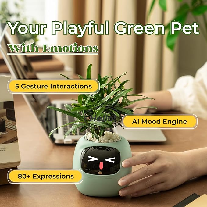 Ivy AI Smart Plant Pot with Emoji Intelligent Planter Robot for Houseplants Tamagotchi Flower Pot Stylish Plantagotchi Home Decor(Mint)