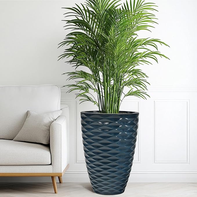 Ultym 19" H Coastal Planter for Indoor/Outdoor Plants, Set of 2 Large Flower Pot with Drainage Hole, Weather/UV Resistant Resin Planters for Garden Patio Porch Home office Decor, Glossy Navy Blue Wavy