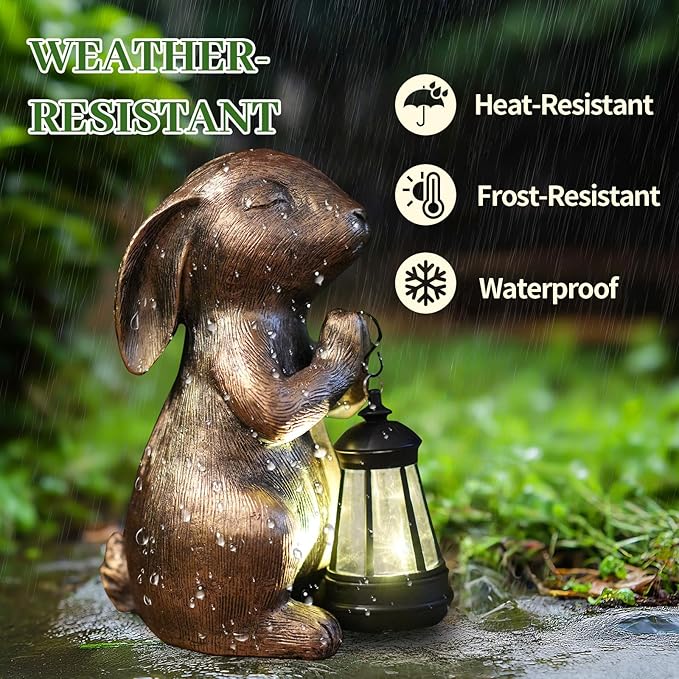 Solar Garden Statue Rabbit Outdoor Decor, Bunny Figurines with Solar Lantern, Yard Decorations for Patio Balcony Yard Lawn Ornaments - Unique Birthday Easter Housewarming Gifts for Women, Mom, Grandma