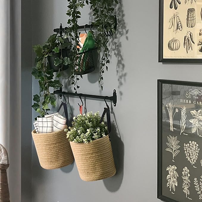 2 Pack Hanging Basket, Small Wall Baskets for Organizing, Wicker Boho Wall Decor Set, Indoor Hanging Plant Holder, Rattan Woven Organizer for Home Decor, Farmhouse Storage Bin, Jute