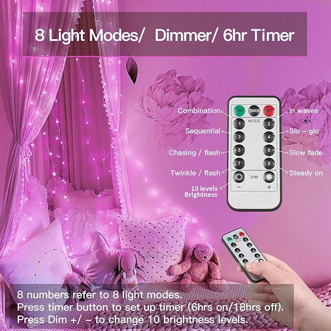 suddus Pink Valentine Day Fairy Lights Battery Operated, 66ft 200 LED String Lights with Remote & Timer, Waterproof Twinkle Lights for Bedroom, Romantic Wedding, Party, Indoor & Outdoor Decor