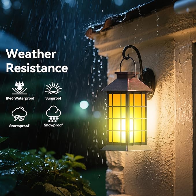 2 Pack 13" Copper Solar Lantern with Flickering Flame Candle | Outdoor Waterproof Hanging Solar Lanterns, Metal & Glass Lights for Garden Decoration, Rustic Gifts for Mom