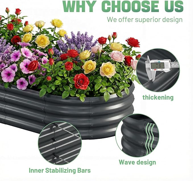 AHEONLAR 3 Pack 6×3×1ft Galvanized Raised Garden Beds, Oval Durable Planter Boxes Outdoor for Vegetables, Fruits, Flowers and Plants, Quick Assembly, Grey