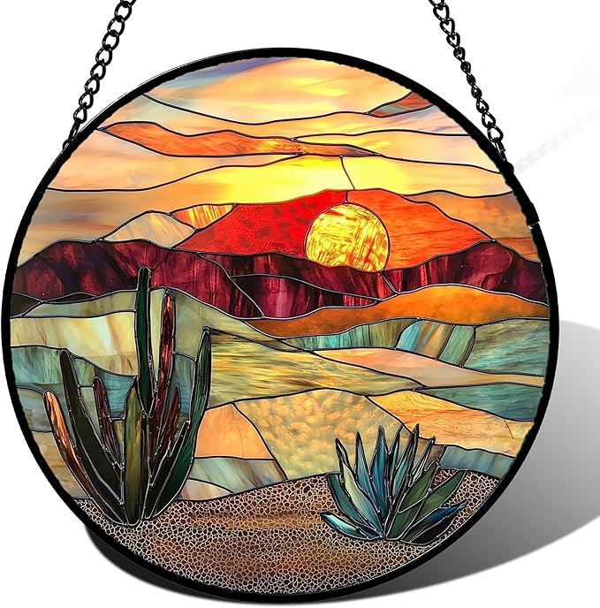 Stained Glass Window Hanging, Golden Landscape Dusk Sunset Suncatcher for Doors Window Home Cactus Sun Catchers Decoration Mother's Day Birthday Gifts for Women, Men, and Mom 6.3 in