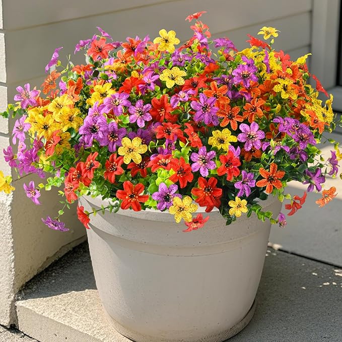 Homsunny Artificial Flowers for Outdoors 12 Bundles Fake Plants Spring Home Decoration, Realistic Faux Flower Silk Daisy with Eucalyptus Stem UV Resistant Patio Planter Porch Yard Window (4 Colors)