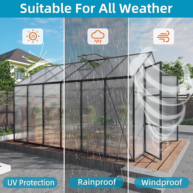 8x12T Greenhouse,Outdoor Polycarbonate Greenhouse with Roof Vent & Drainage System,Heavy Duty Aluminum Walk-in Green Houses for Outside Garden Backyard,Easy Assembly,Black