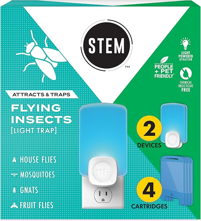 STEM Flying Insect Trap - Indoor Fruit Fly & Gnat Catcher for Home, Kitchen & Any Room, Attracts & Traps Bugs, Soft Blue UV Light - Includes 2 Plug-in Devices & 4 Cartridges