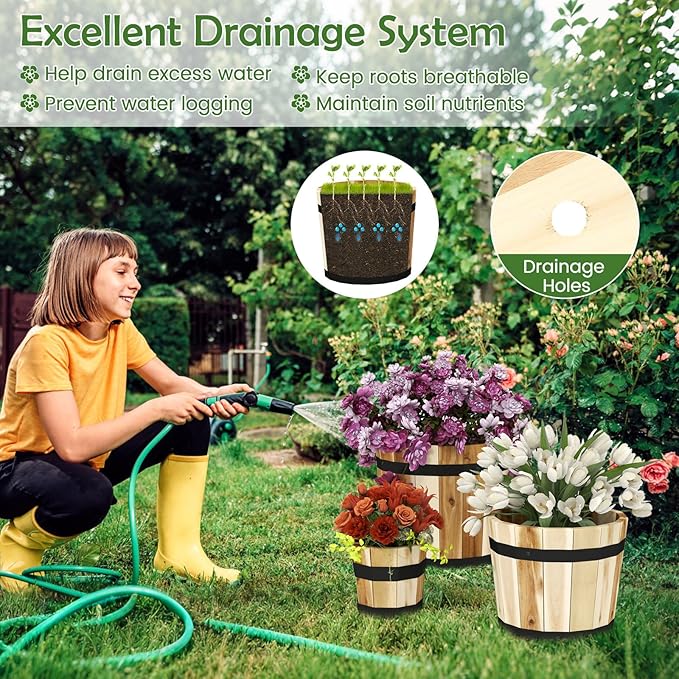Giantex Set of 3 Barrel Planters, Outdoor Acacia Wood Raised Garden Bed for Flower Vegetable Fruit, Whiskey Bucket Shape Planter Boxes in Different Sizes for Patio Porch Balcony Yard (Natural)