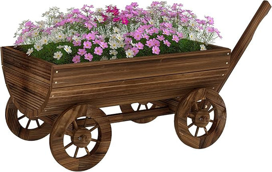 Outsunny Wooden Wagon Planter Box, Mobile Garden Planter with 4 Wheels and Handle, Small Wheelbarrow Wagon Flower Cart with Drainage Hole for Outdoor Patio, Garden, Balcony