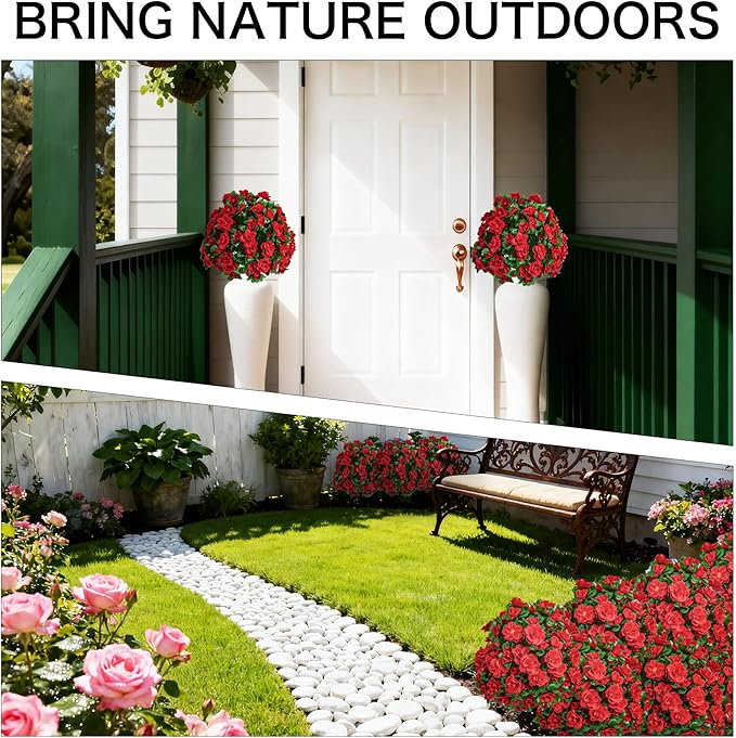 AZXVT Artificial Flowers for Outdoors, Faux Outdoor Plants Fake Plants Topiary Balls Artificial Outdoor Set of 2 with Ground Spike for Home Front Porch Patio Garden Decor (Red)