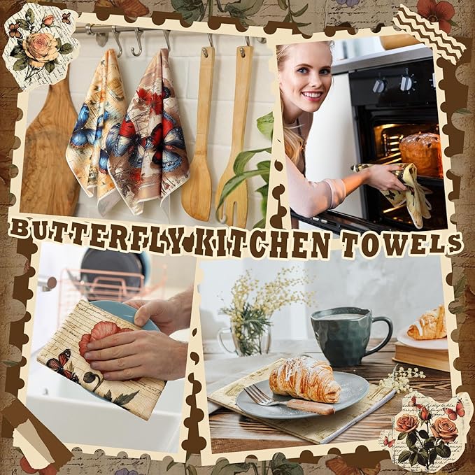 Bencailor 16 Pcs Spring Kitchen Towels Floral Butterfly Hand Dish Towels Vintage Flower Tea Dishcloths for Spring Holiday Kitchen Bathroom Home Decor Gifts, 16 x 24 Inch