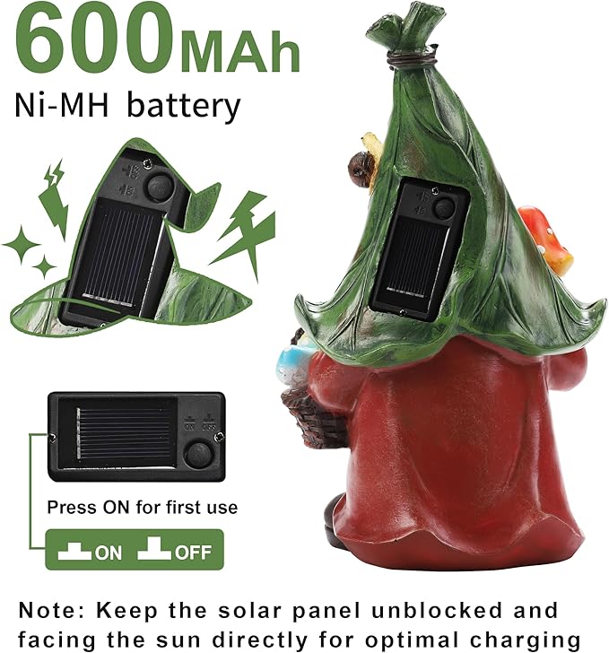 ZhiYo-GD Mushroom-Picking Gnome Solar Garden Statue with 3 LED Lights, Set with 1 Gnome and 2 Small Mushroom, Lovely Garden Gnome Set for Patio, Yard, Lawn Ornament, Outdoor Christmas Decor