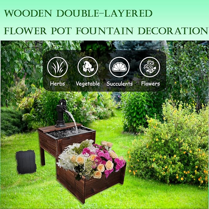 Outdoor Water Fountain，Floor Wooden Rectangular Double-Layer Old-Fashioned Pump Fountain with Flower Box，Solar-Powered Electric Decorative Hand Pump，Outdoor Water Feature for Garden Patio Backyard