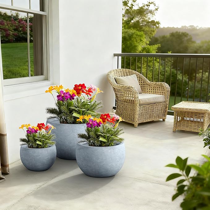 Kante 19.9",15.7",11.8" Dia Round Concrete Planter Set of 3, Outdoor/Indoor Large Bowl Plant Pots with Drainage Hole and Rubber Plug for Garden Patio Balcony Home, Slate Gray