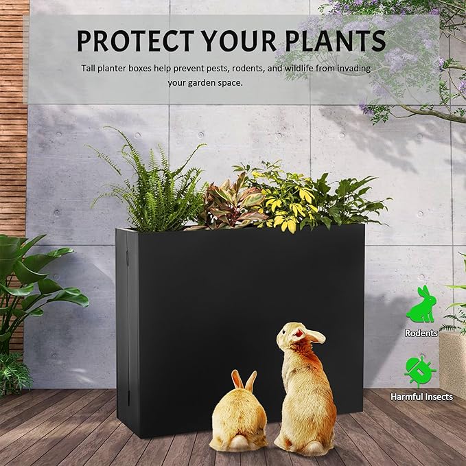 TISUWING Metal Planter Box, No Installation Galvanized Steel Folding Rectangular Planter with Drainage Holes, 35.5"x 10"x 28" Black Outdoor Planter for Porch/Patio/Garden
