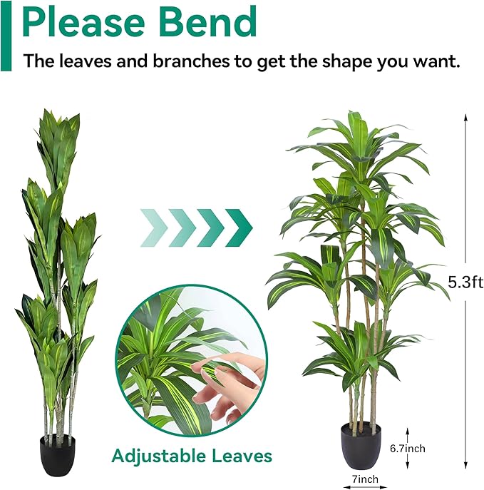 Waoops Artificial Plants 5.3Ft Dracaena Fragrans Faux Trees with 7 Heads Fake Tree for Home Decor Indoor or Outdoor Office Decoration Housewarming Gift
