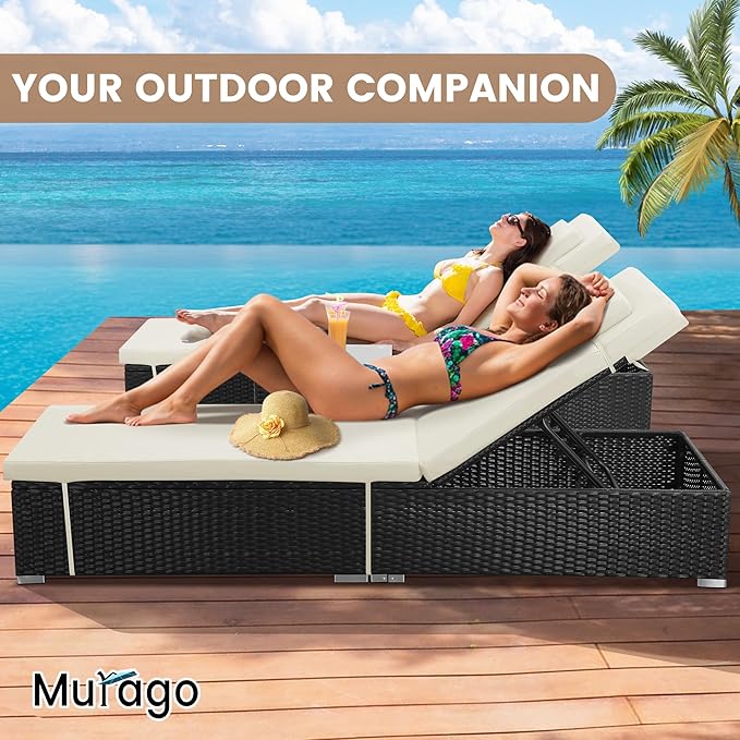 Outdoor Chaise Lounge Chairs, All-Weather Wicker Pool Lounge Chair Set of 2 with Side Table, Adjustable Backrest & Washable Cushions for Patio, Poolside, Beach, White