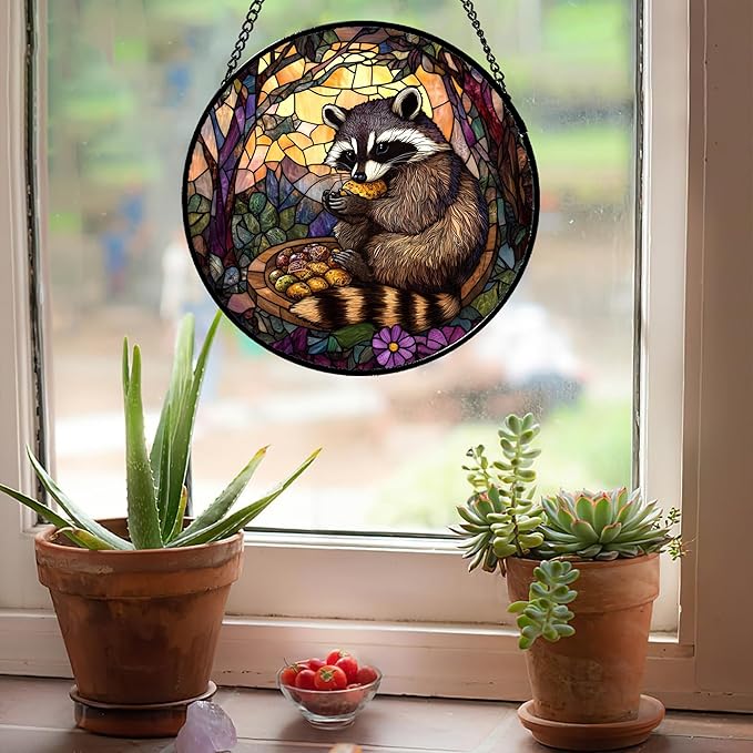 Stained Glass Window Hanging Brown Raccoon Forest Scenery 7.8" - Suncatcher Door Garden Sunroom Sun Catcher Home Decor Birthday Christmas for Mom Men Woman Nana
