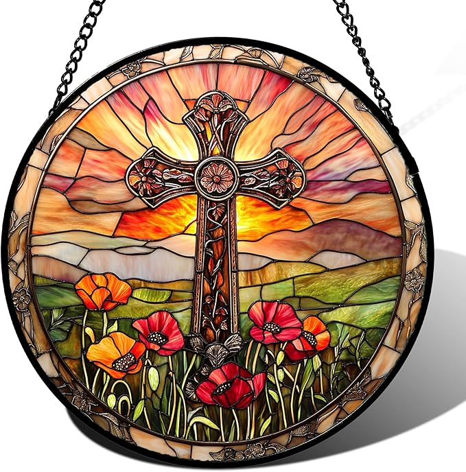 JOSUMALY Christian Gifts for Women - Cross Stained Glass Window Hanging Jesus Easter Poppy Sunset Landscape Sun Catcher Garden Religion Decor Mother's Day Catholic Gift for Men Grandma Mom Her 6.3"