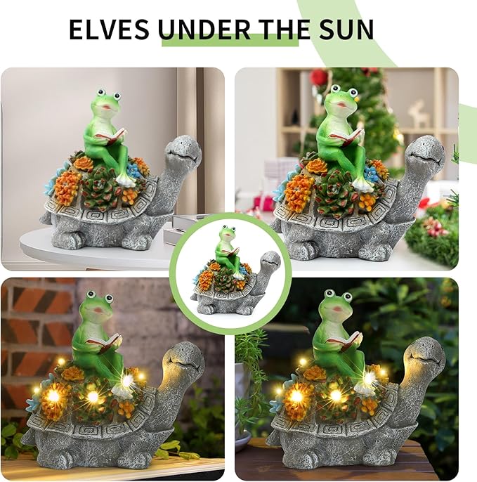 Solar Garden Outdoor Statues Turtle Back Frog Reading with Succulent and 6 LED Lights - Lawn Decor Tortoise Statue for Patio, Balcony, Yard Ornament - Unique Housewarming Gifts
