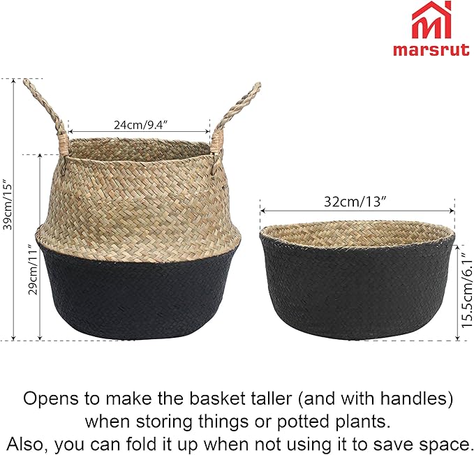 2Pcs Basket for Plant Artificial Trees, 13x11 Inch Seagrass Wicker Pots, Woven Planter Set Eco-Friendly Round Boho Holder Base with Handles for Home Decor Indoor Storage Solution, Black Bottom Pattern