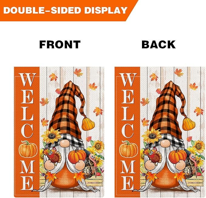 Thanksgiving Day Gnome Garden Flags for Outside, Welcome Fall Garden Flags 12x18 Double Sided, Rustic Pumpkin Sunflower Turkey Holiday Lawn Flags, Fall Gnomes Decorations for Yard Farmhouse