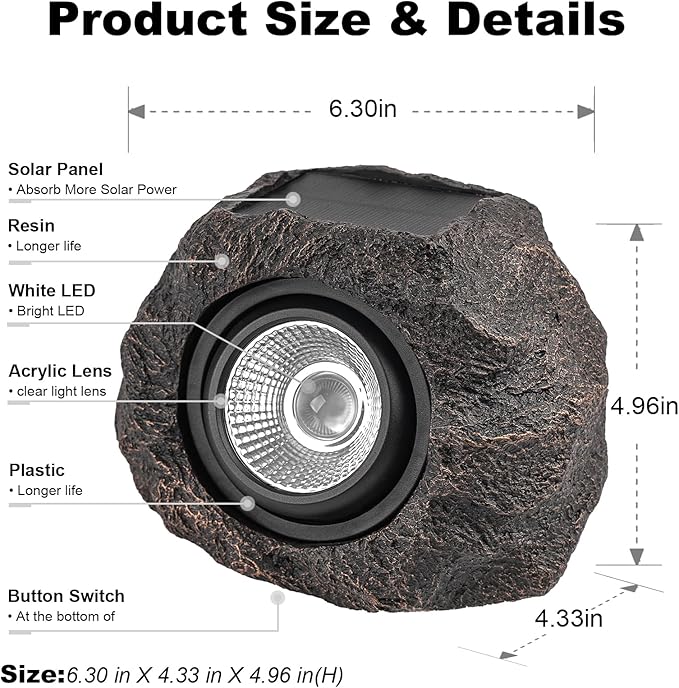 Solar Garden Rock Lights Outdoor - IP65 LED Waterproof Solar Spotlight, Solar Powered Landscape Path Decorative Garden Stone Lights for Pathway, Walkway, Yard, Patio (2 Pack)