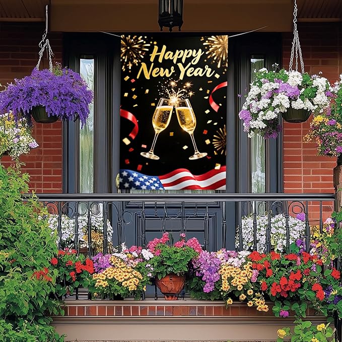 Happy New Year House Flag 28x40 Inch Champagne Glasses Fireworks and American Flag Design Garden Flag Patriotic Holiday Outdoor Yard Decoration Banner for Home Porch Lawn