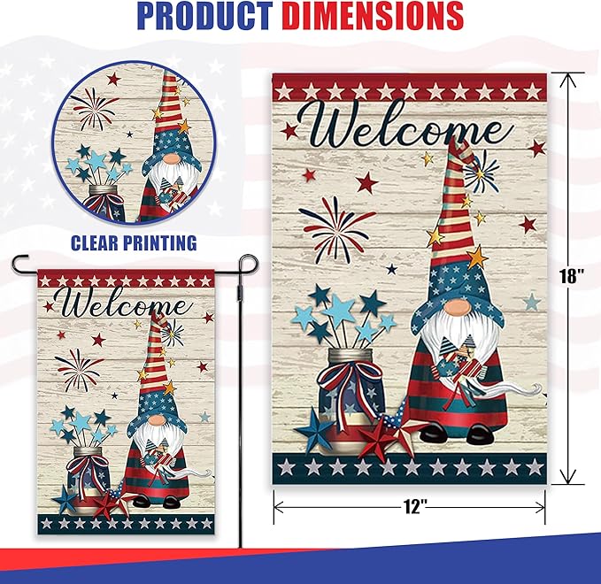 Super Tough Garden Flag - Firework Gnome 12in x 18in | Patriotic Design with Star Border & Welcome Message | Perfect for 4th of July | Durable Oxford Polyester | Festive Outdoor Flag