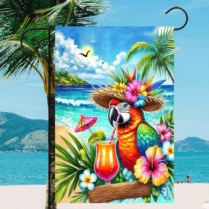 Summer Parrot Garden Flag 12x18 Double Sided Tropical Bird Yard Flag Red Parrot Welcome Banner Outdoor Beach Palm Tree Decor Summer Garden Decorations for Home Lawn Patio Porch