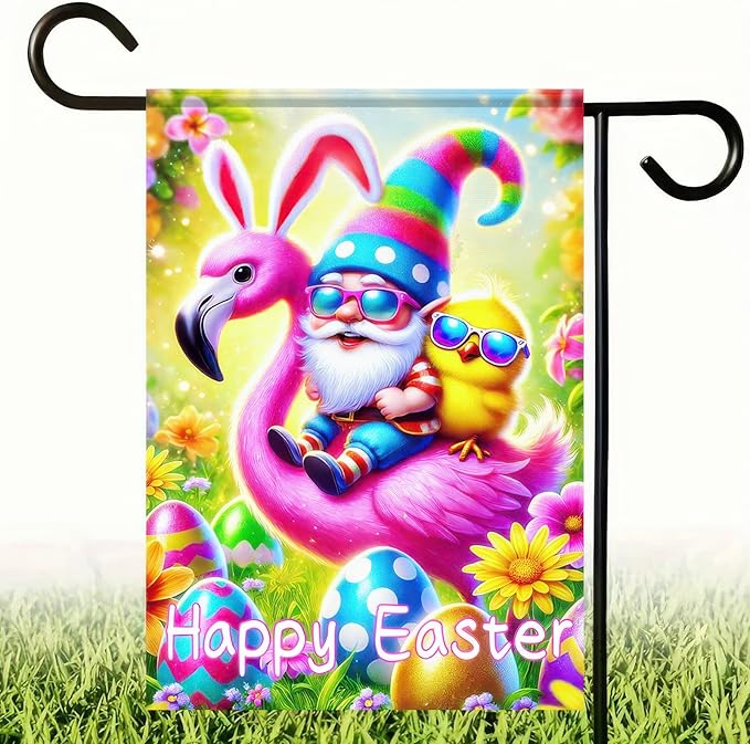 Happy Easter Garden Flag 12x18 Inch Double Sided Gnome Flamingo Chick Design with Easter Egg Small Outdoor Yard Flag Colorful Easter Banner for Porch Lawn Patio Spring Decor