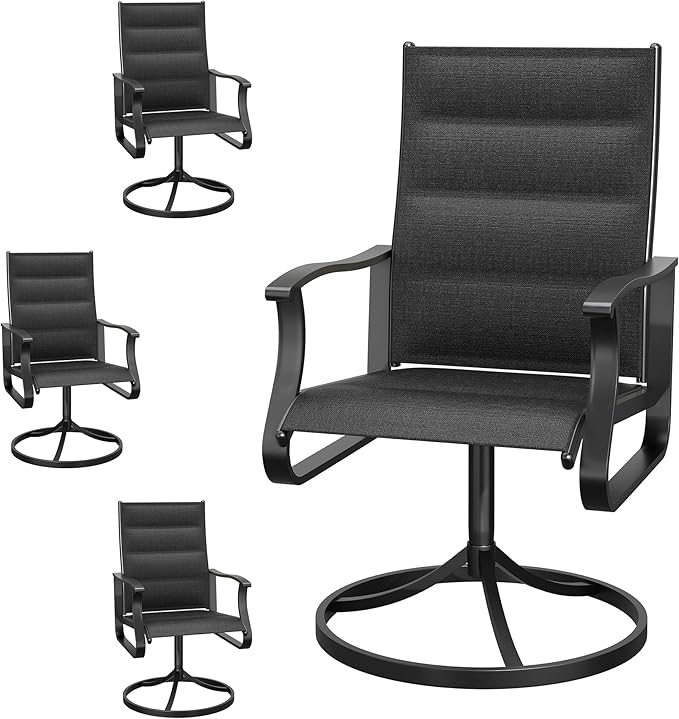 Patio Swivel Chairs Set of 4, Outdoor Dining Chairs with High Back, 360° Swivel Rocker Chair in All-Weather Padded Textilene & Metal Frame for Garden, Porch, Backyard, Balcony(Padded Black)