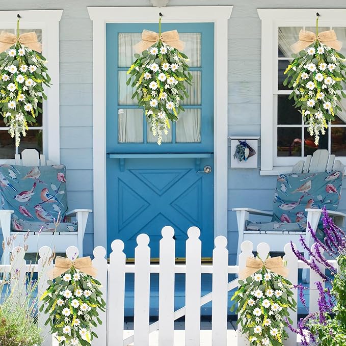 4 Pcs 24" Artificial White Daisy Teardrop Wreath Swag Spring Summer White Floral Hanging Swags Wreath for Kitchen Cabinet Doors Window Wall Wedding Party Home Decor