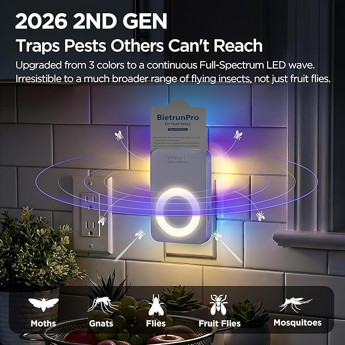 Fruit Fly Traps for House Indoor(1 Device+5 Refills) with Night Light, Quiet, 3 in 1 Plug-in Insect Gnat Traps Fruit Flying Traps, Easy Setup for Home & Kitchen, 7 * 24hrs Pest Control
