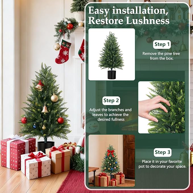 EverNature 3FT Artificial Topiary Cedar Trees, 2Pack Realistic Faux Cypress Plants with Pot, Fake Bushes Pine Tree for Outdoor Front Porch Garden Indoor Christmas Home Decor