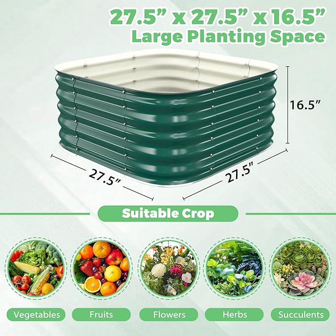 Galvanized Raised Garden Bed, 2.3x2.3x1.5ft Garden Planter Bed Outdoor, Heavy Duty Rustproof Steel Raised Bed Kit for Gardening Vegetables Fruits Flowers Grow Green