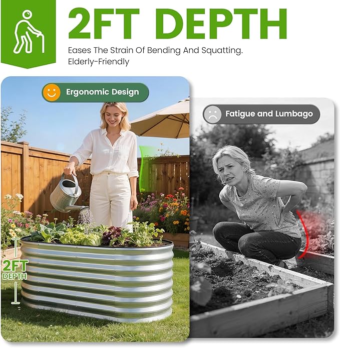 Galvanized Raised Garden Bed Outdoor 24'' Deep | Oval Metal Garden Beds with Easy Assembly & Planter Box for Planting Deep Root Vegetables Fruits Flowers, 4x2x2ft Silver