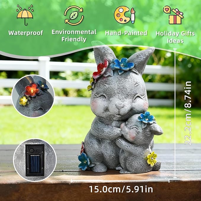 Komothala Solar Garden Statue Light, Resin Rabbit Figurine with Flowers Outdoor Decor for Patio, Lawn, Yard, Housewarming Birthday Gifts Gift for Bunny Lovers, Mom, Grandma, Women (Grey Rabbit)