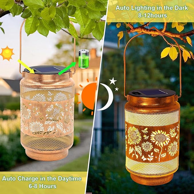 Sunflower Solar Lanterns Outdoor Waterproof with Shepherd Hook, Sunflower Birthday Gifts for Christmas Women Mom Grandma, Metal Solar Hanging Lights Garden Decor for Outside Yard Patio Pathway