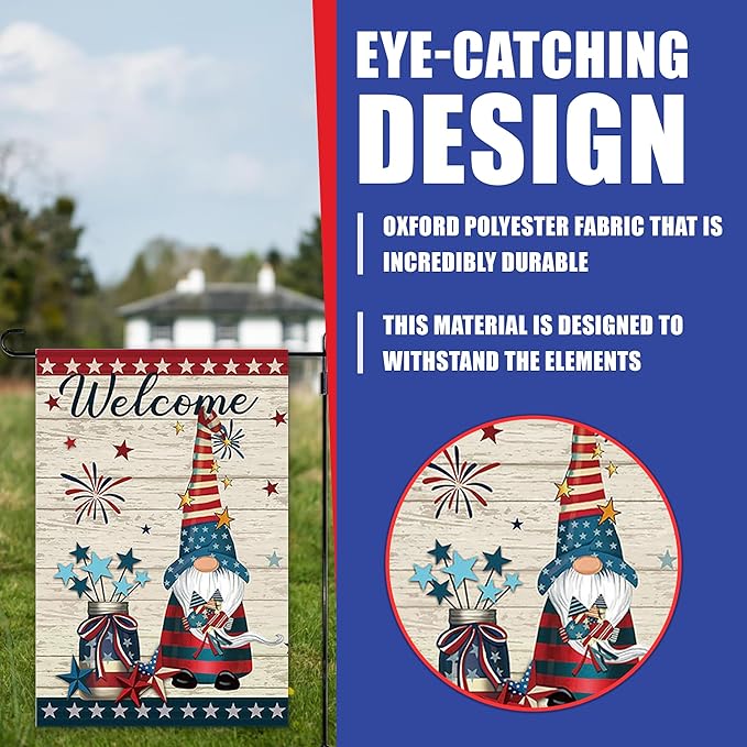 Super Tough Garden Flag - Firework Gnome 12in x 18in | Patriotic Design with Star Border & Welcome Message | Perfect for 4th of July | Durable Oxford Polyester | Festive Outdoor Flag