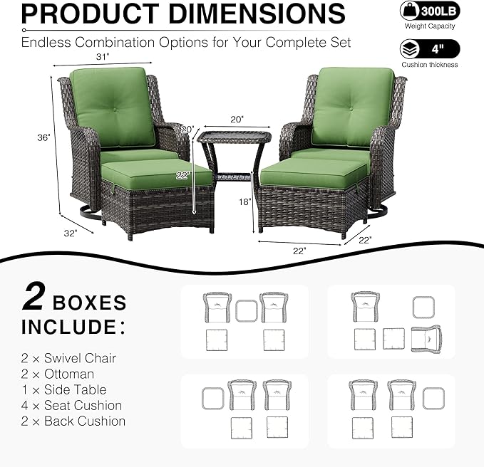 Joyside 5 Piece Wicker Patio Furniture Set, Outdoor Swivel Rocker Patio Chairs with High Back, Deep Seating, Wide Armrest, Thickened Cushions, Outdoor Furniture for Deck, Porch Use