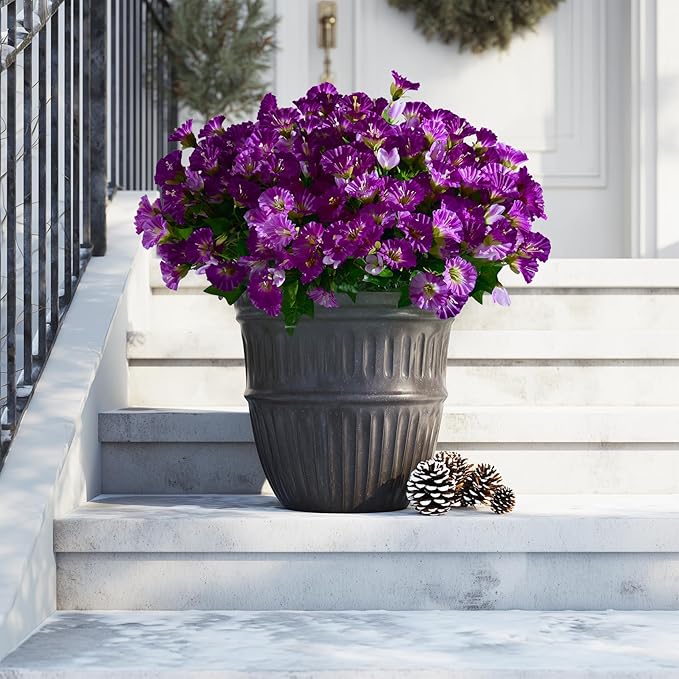 Artificial Morning Glory Flowers Plants for Outdoor 8 Pcs Faux Silk Petunias Flower Realistic Faux Flowers Plants for Outside Planter Porch Yard Patio Balcony Home Indoor Decor (8 Pcs Purple+Purple)
