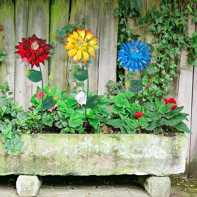 Voltogar 3 Pack Flowers Garden Stake Decoration Glow in Dark for Outdoor, Water-Proof Metal Flowers Ornament for Lawn Pathway Patio Plant Pot, Flower Bed Decor Red, Yellow & Blue, 16" H