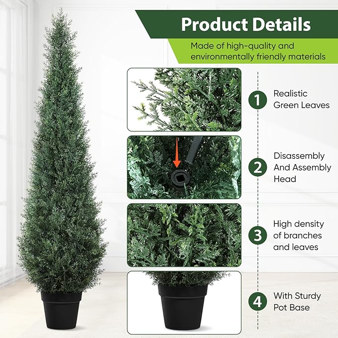 Artificial Trees for Outdoors, BUZIGUBY Artificial Cedar Topiary Trees, 5FT Topiary Trees Artificial Outdoors for Porch, Dense Arborvitae Tree for Front Door Patio Deck Balcony Yard Decor, 2 Pack