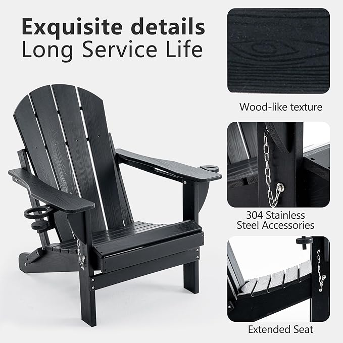 Folding Adirondack Chair Set with Side Table - HDPE Outdoor Patio Chairs, Weatherproof Chair with Reclining Back, Cup & Phone Holder, and 2-Tier Storage End Table for Firepit or Garden (Black)