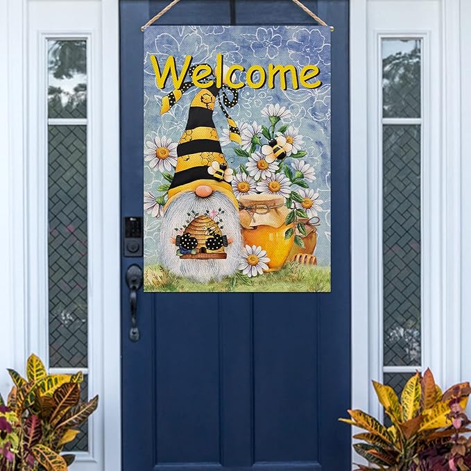 Furiaz Welcome Spring Honey Bumble Bee Gnome House Flag, Summer Yard Home Decorative Outdoor Decoration, Daisy Flower Burlap Lawn Outside Large Decor Double Sided 28x40