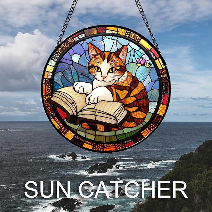 DASTOLL Stained Glass Window Hanging Little Cat Reading 6.3" - Suncatcher Door Garden Kitchen Sunroom Sun Catcher Home Decor Birthday for Lost Pets Mom Grandma Men Woman Friend