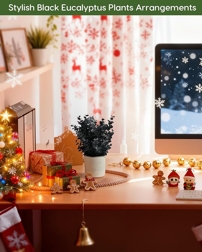 Velener 1 PCS Small Fake Eucalyptus Plant Artificial Potted Plants Indoor for Christmas Decor Indoor Realistic Faux Plant for Office, Bathroom, Living Room, Desk, Shelf, Home Decor (Black)