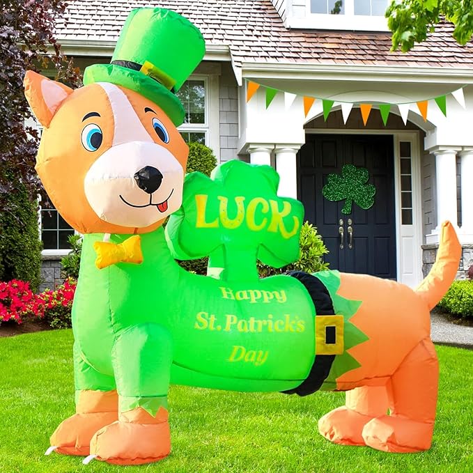 DomKom St. Patricks Day Inflatable Decorations, 4ft Cute Dog Dachshund Blow Up Lucky Day Décor Built-in LED Lights Carrying Good Luck Shamrock for Outdoor Holiday Party Lawn Yard Garden Patio
