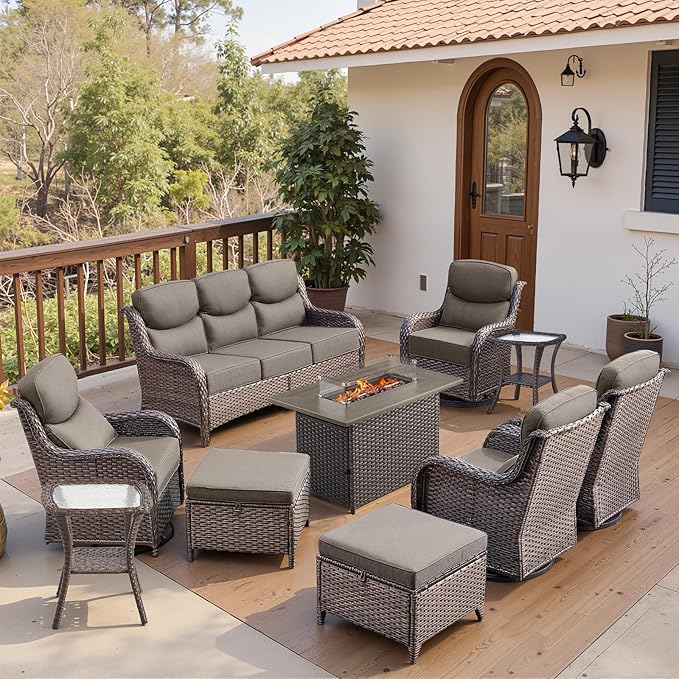 Belord Luxury 6" Thick Cushioned 10 Pieces Patio Furniture Set with Fire Pit Table, Wicker Outdoor Conversation Set with High Back Swivel Rocker Chairs for Deck Porch Yard and Poolside - Brown+Grey